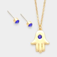 Hamsa Hand Sapphire Gems Pendant Gold Tone Necklace Set